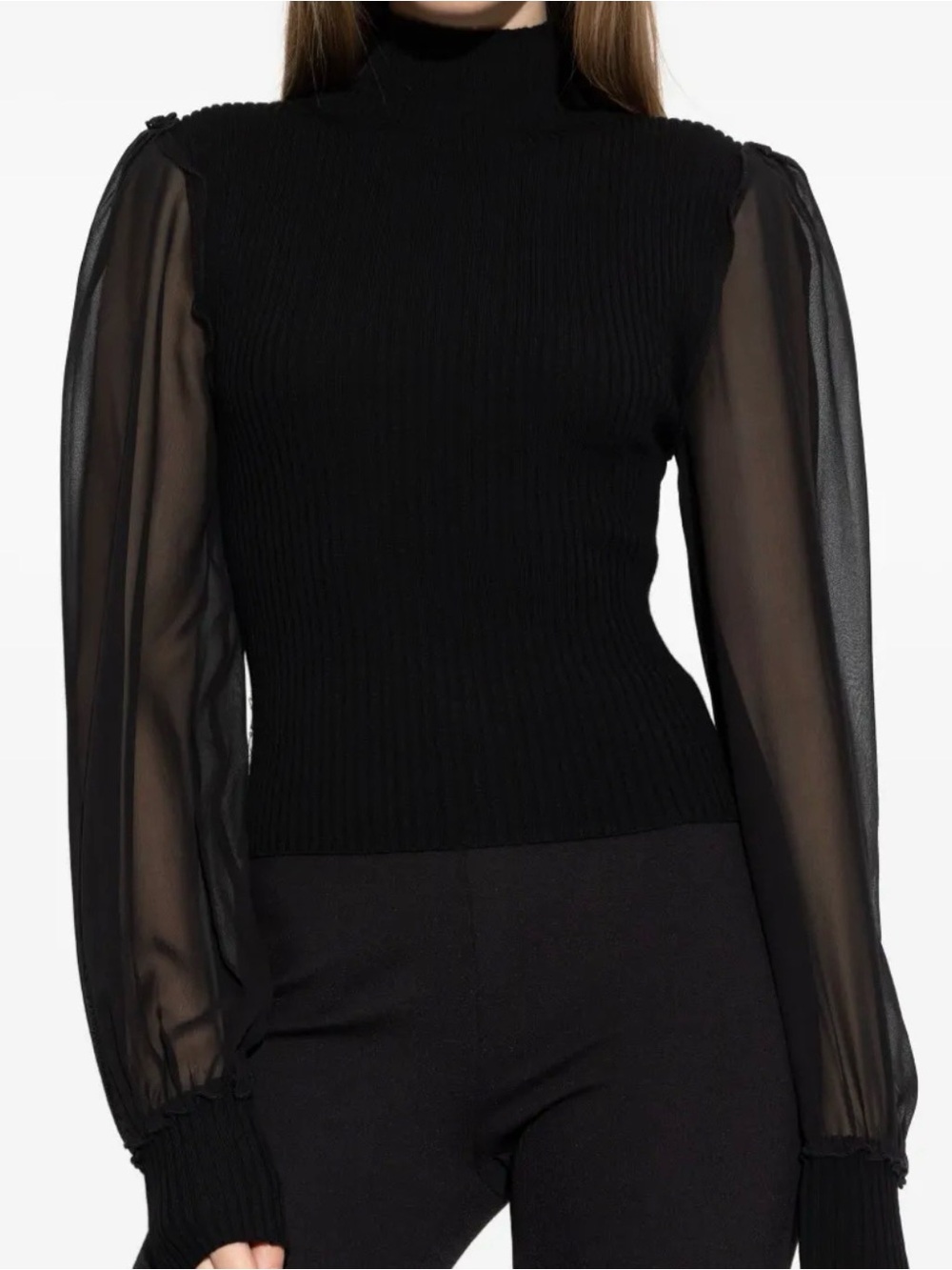 Almost Famous Black Ribbed Mock Neck Top with Sheer Balloon Sleeves